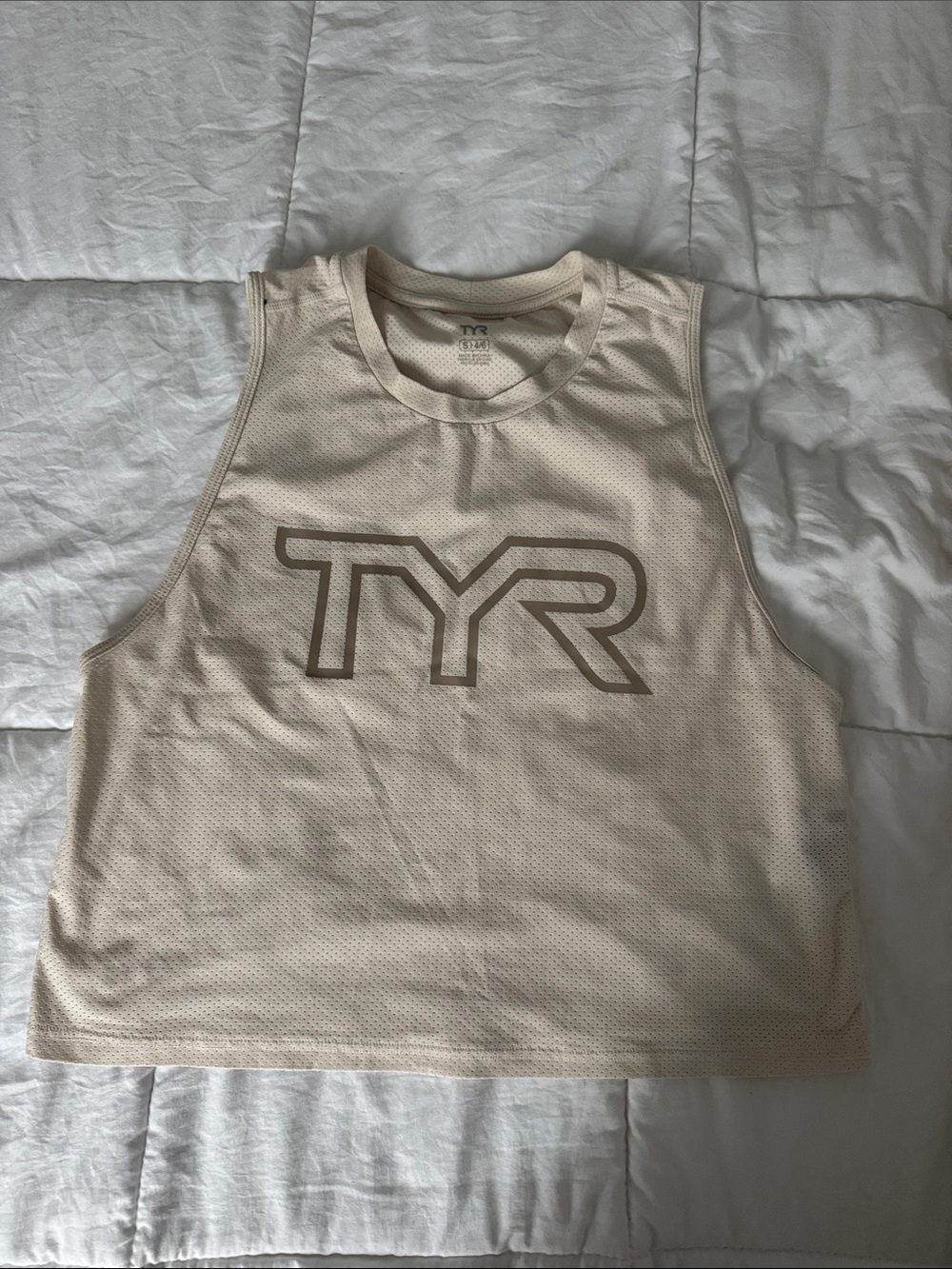 TYR Cream Mesh Crop Tank with Logo